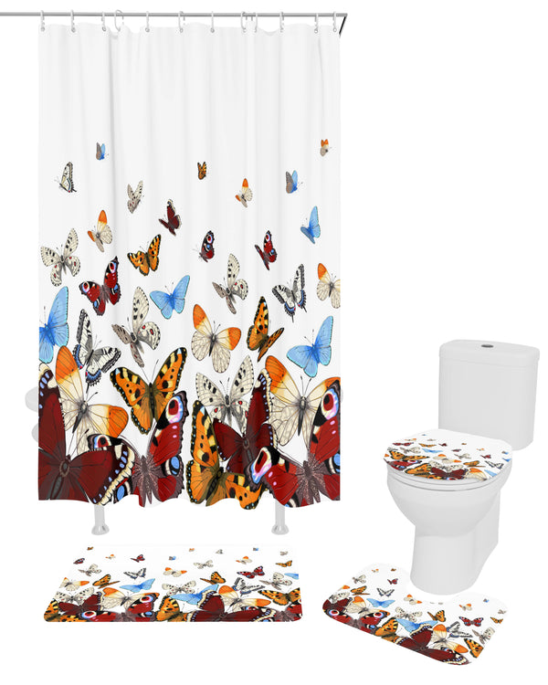 Pastoral Butterfly Gradient Shower Curtain Non-Slip Rugs Toilet Lid Cover and Bath Mat Bathroom Curtains with Hooks