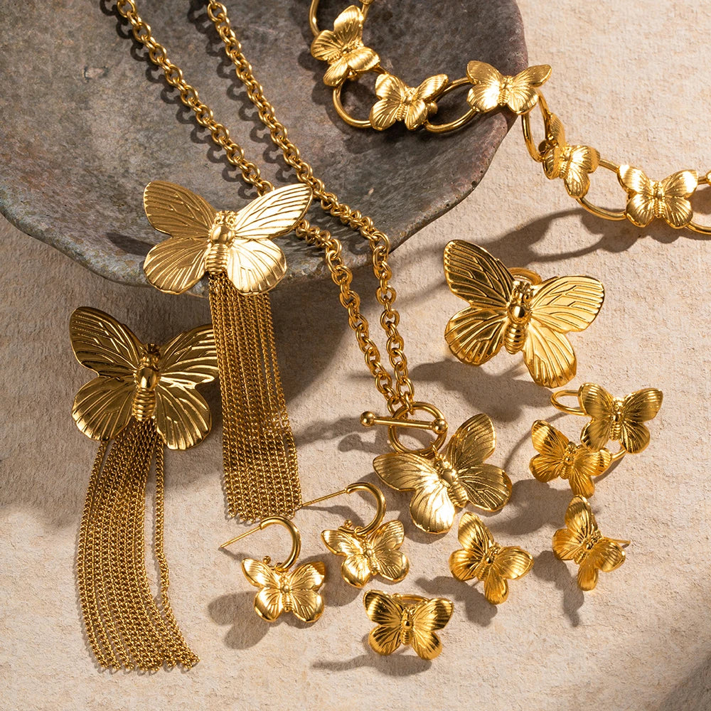 Uworld Stainless Steel Butterfly Insect Individual Stud Earrings 18K Gold Color Waterproof Metal Fashion Charm Jewelry Set Women