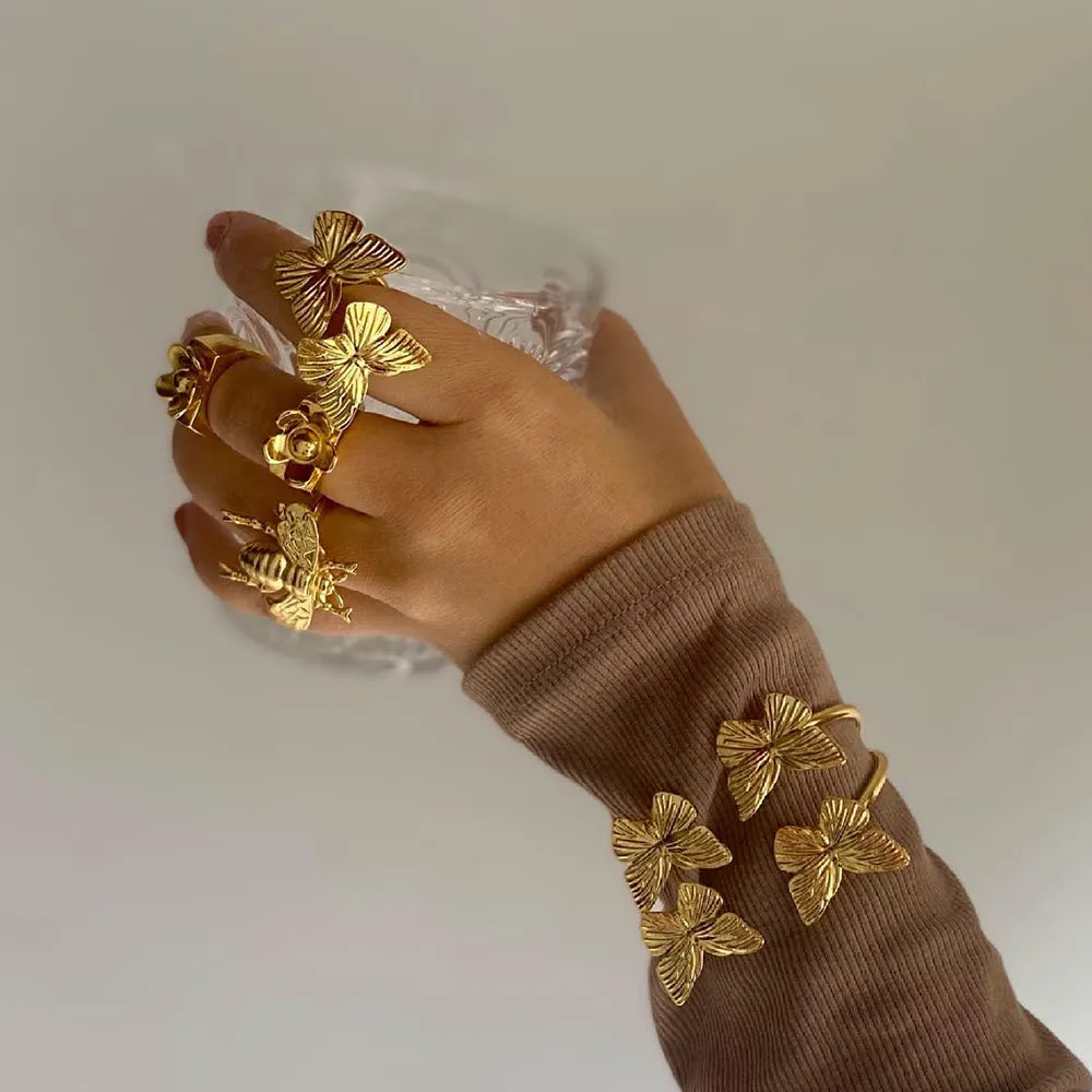 Uworld Stainless Steel Butterfly Insect Individual Stud Earrings 18K Gold Color Waterproof Metal Fashion Charm Jewelry Set Women