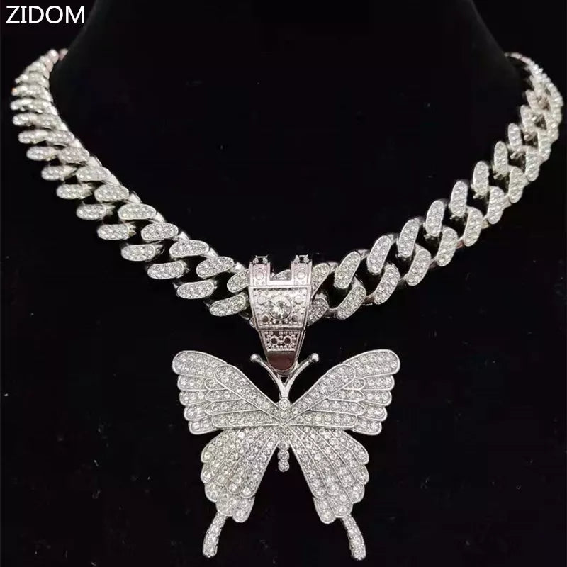 Men Women Hip Hop Iced Out Bling butterfly Pendant Necklace with 13mm Miami Cuban Chain HipHop Necklaces Fashion Charm Jewelry