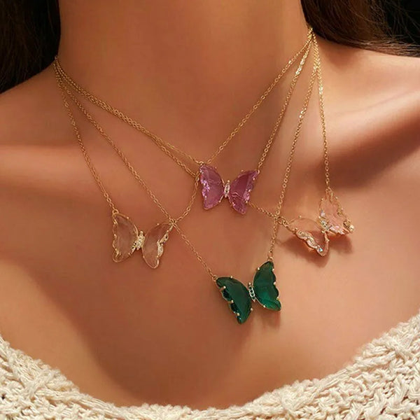 Glass Crystal Colorful Butterfly Necklaces For Women Girls Butterfly Pendant O Chain Necklace Fashion Party Jewelry Gift