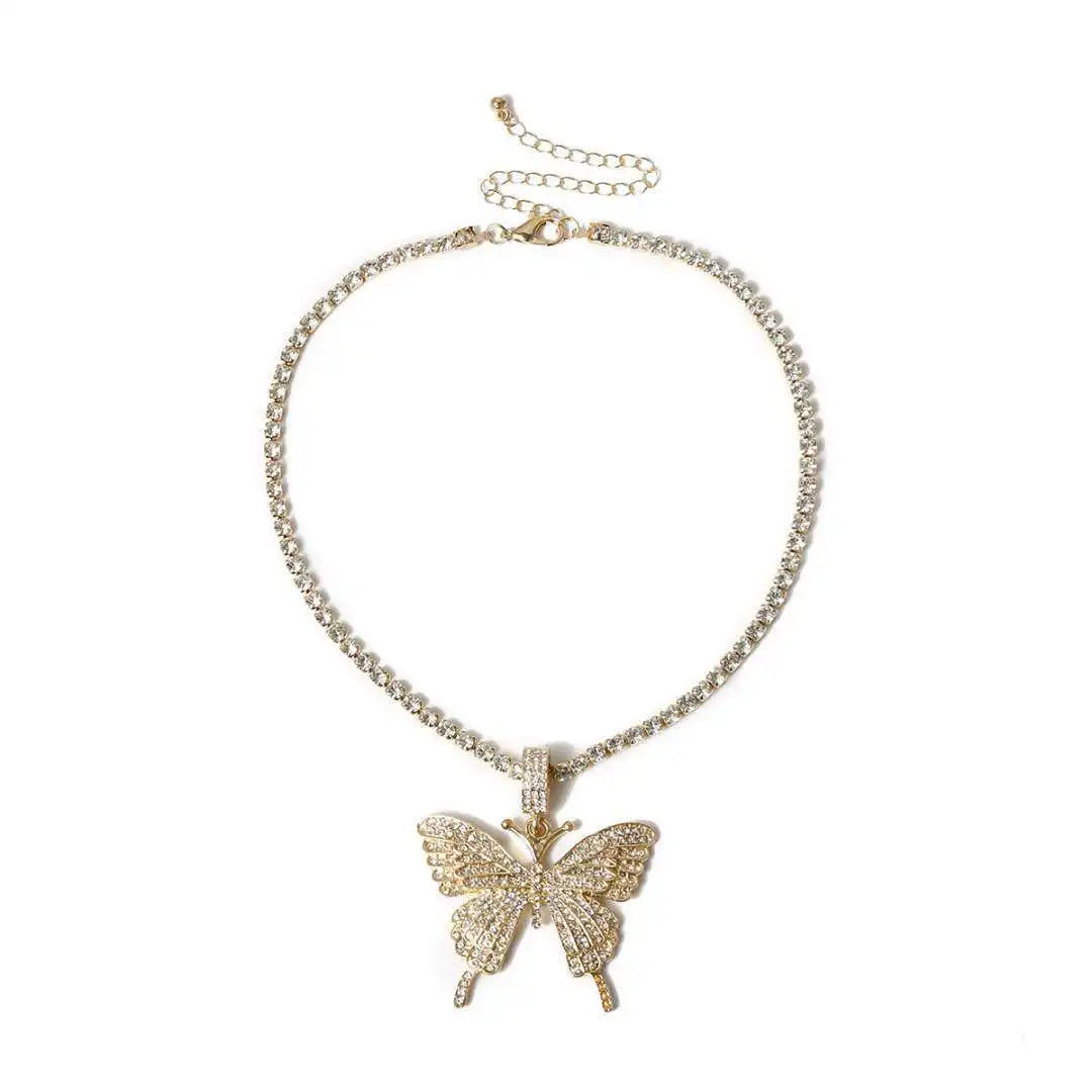 Luxury Statement Butterfly Tennis Chain Necklace Choker for Women Crystal Rhinestone Pendant Necklace Chain Jewelry