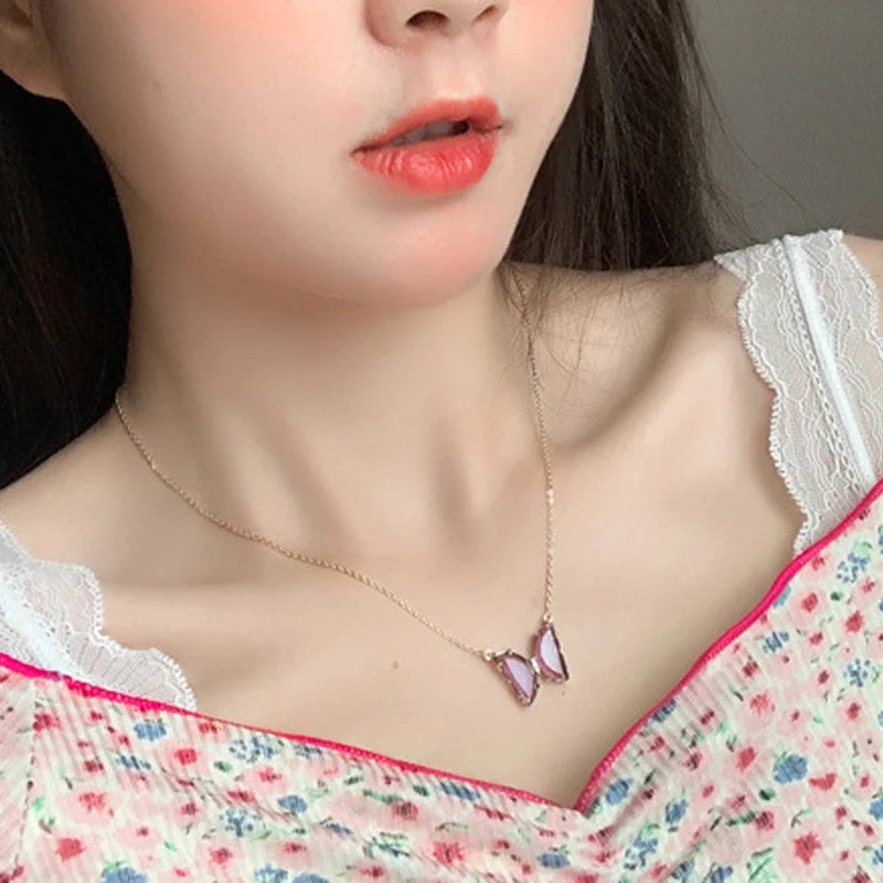 Glass Crystal Colorful Butterfly Necklaces For Women Girls Butterfly Pendant O Chain Necklace Fashion Party Jewelry Gift