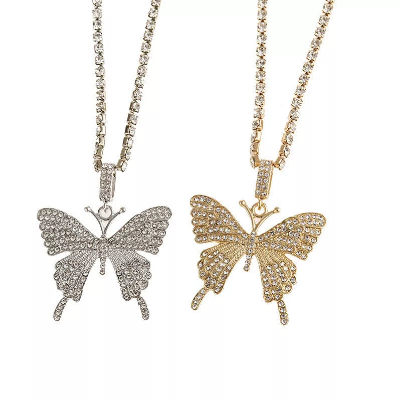 Elegant Statement Butterfly Pendant Necklace Rhinestone Chain for Women Bling Tennis Chain Crystal Choker Necklace Party Jewelry