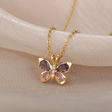 Cute Butterfly Necklace For Women Crystal Purple Butterfly Aesthetic Necklaces Charms Choker Party Stainless Steel Jewelry Gift