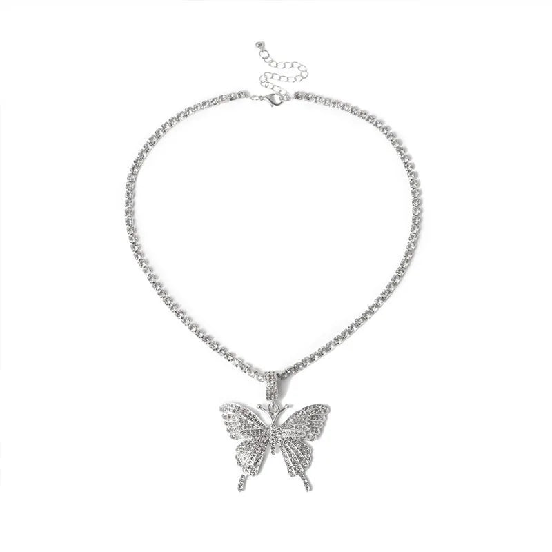 Luxury Statement Butterfly Tennis Chain Necklace Choker for Women Crystal Rhinestone Pendant Necklace Chain Jewelry
