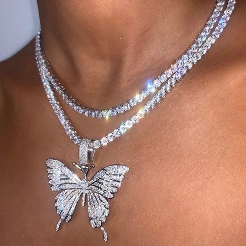 Luxury Statement Butterfly Tennis Chain Necklace Choker for Women Crystal Rhinestone Pendant Necklace Chain Jewelry