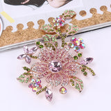 Big New Elegant Pink Crystal Flower Brooch Rhinestone Pin Romantic Wedding Bride Bridesmaid Large Brooches For Woman Jewelry