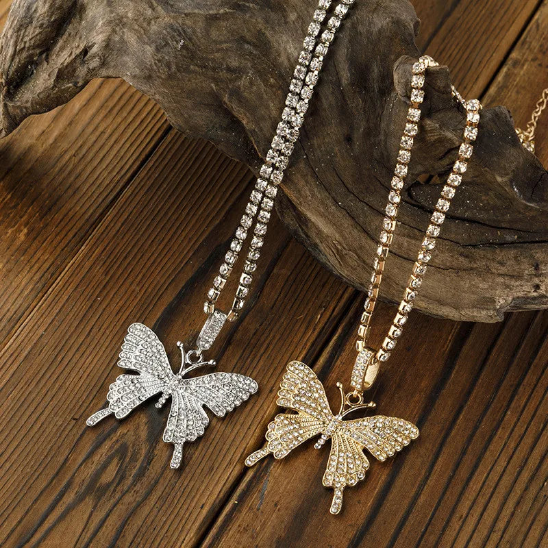 Elegant Statement Butterfly Pendant Necklace Rhinestone Chain for Women Bling Tennis Chain Crystal Choker Necklace Party Jewelry
