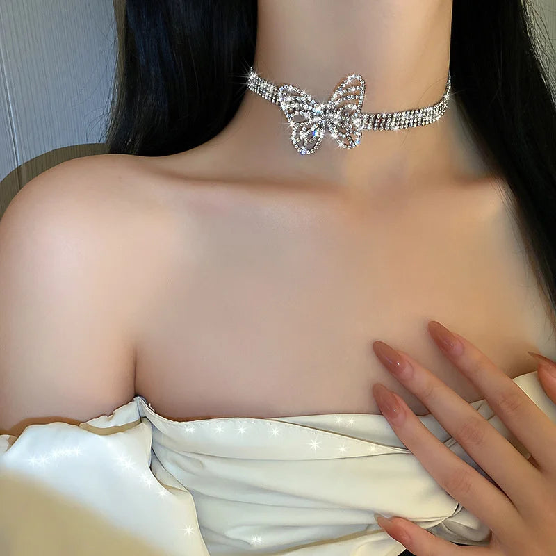 FYUAN Beautiful Butterfly Crystal Choker Necklaces for Women Shine Rhinestone Necklaces Statement Jewelry Accessories