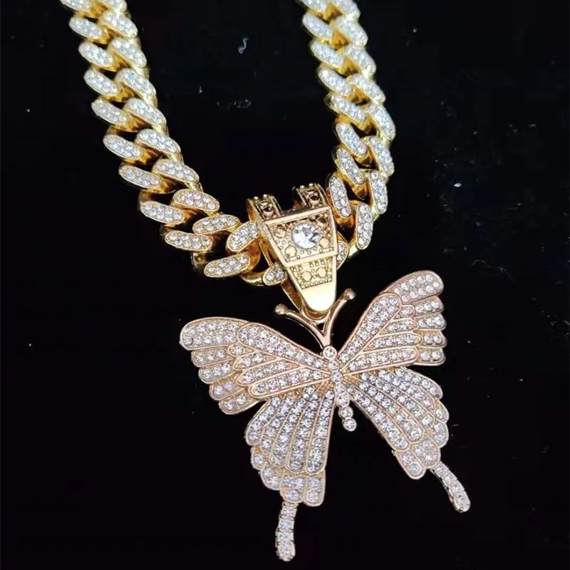 Men Women Hip Hop Iced Out Bling butterfly Pendant Necklace with 13mm Miami Cuban Chain HipHop Necklaces Fashion Charm Jewelry