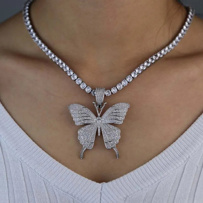 Luxury Statement Butterfly Tennis Chain Necklace Choker for Women Crystal Rhinestone Pendant Necklace Chain Jewelry
