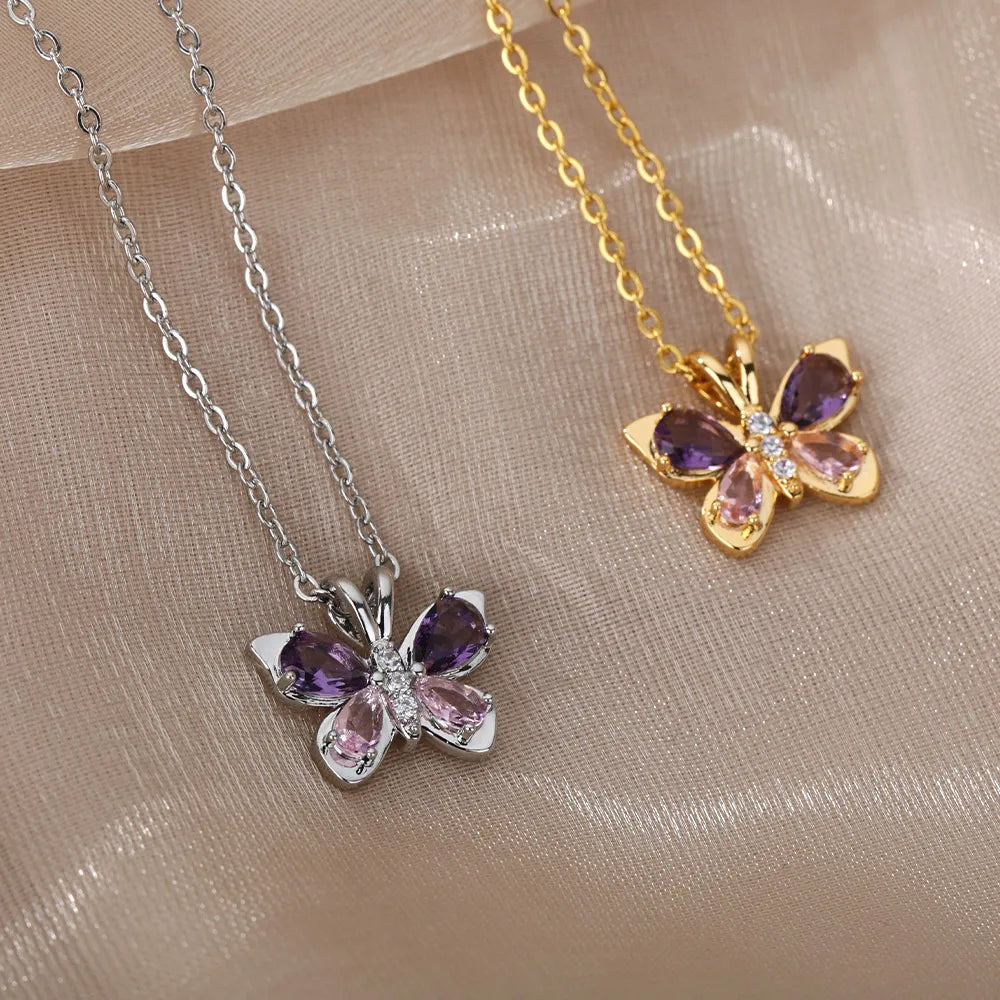 Cute Butterfly Necklace For Women Crystal Purple Butterfly Aesthetic Necklaces Charms Choker Party Stainless Steel Jewelry Gift