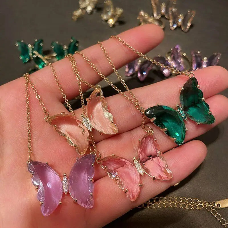 Glass Crystal Colorful Butterfly Necklaces For Women Girls Butterfly Pendant O Chain Necklace Fashion Party Jewelry Gift