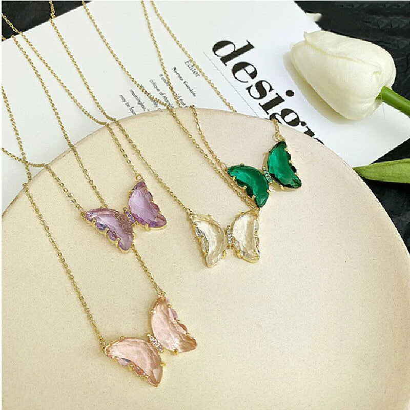 Glass Crystal Colorful Butterfly Necklaces For Women Girls Butterfly Pendant O Chain Necklace Fashion Party Jewelry Gift