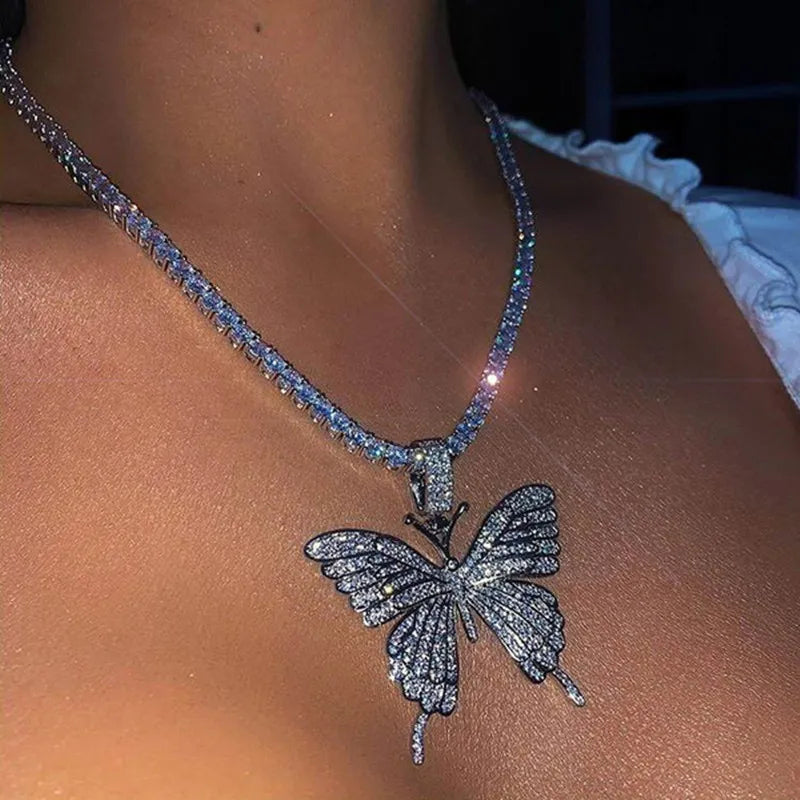Luxury Statement Butterfly Tennis Chain Necklace Choker for Women Crystal Rhinestone Pendant Necklace Chain Jewelry