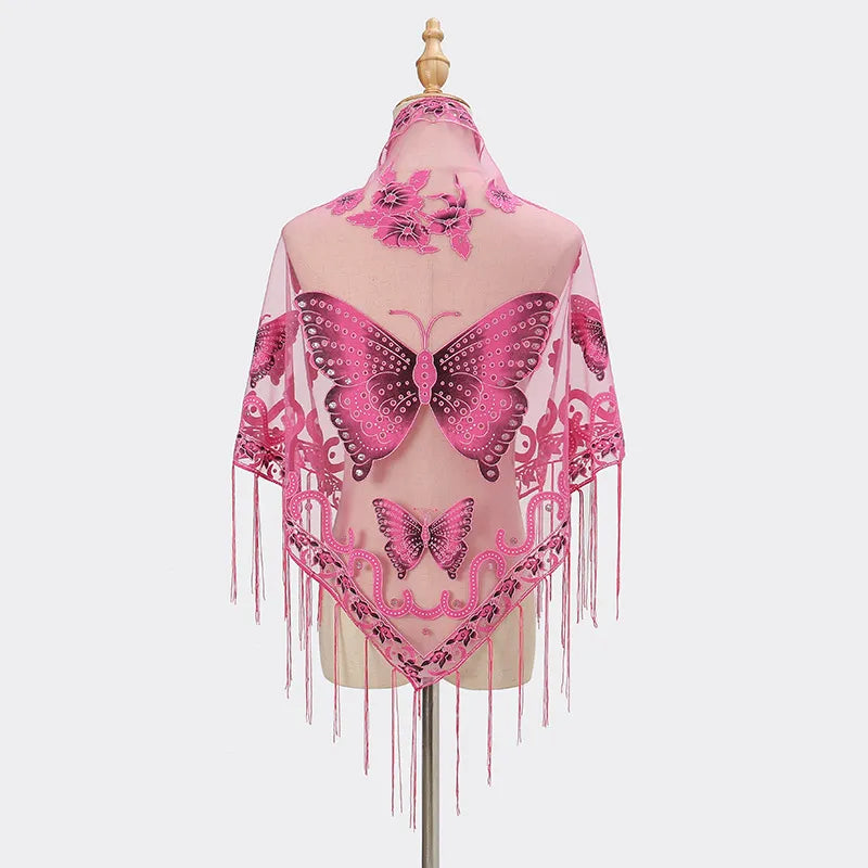 Summer Sun Scarf With Lace Butterfly Print Japanese Korean Triangle Headscarf Fashion Hollow-Out Fringe Women All Wear Shawl R98