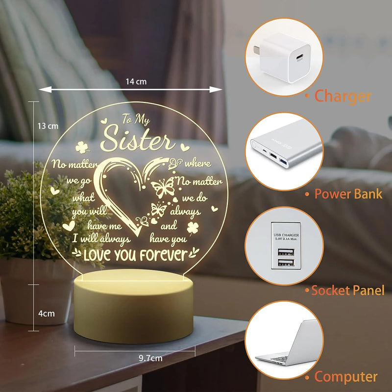 Sister Gifts 3D Night Light Back To School Birthday Wedding Gift For Sister Engraved Decoration Light Powered By USB Cable