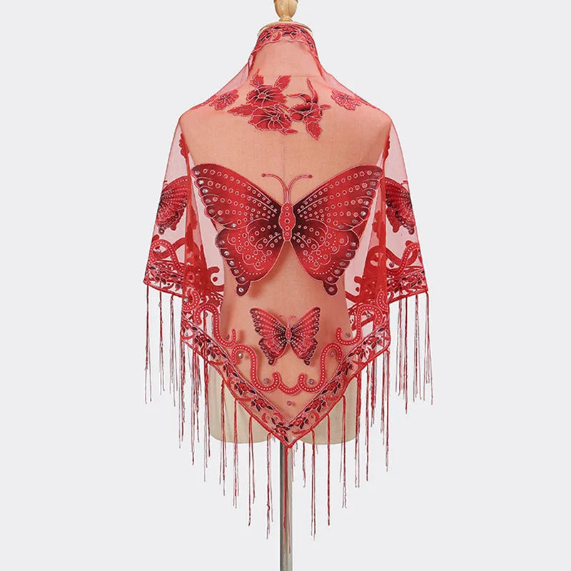 Sexy Hollow Tassel Triangular Lace Scarf Butterfly Printed Wedding Cloak Cape Women Summer Long Sun Beach Towel Sunscreen Shawl