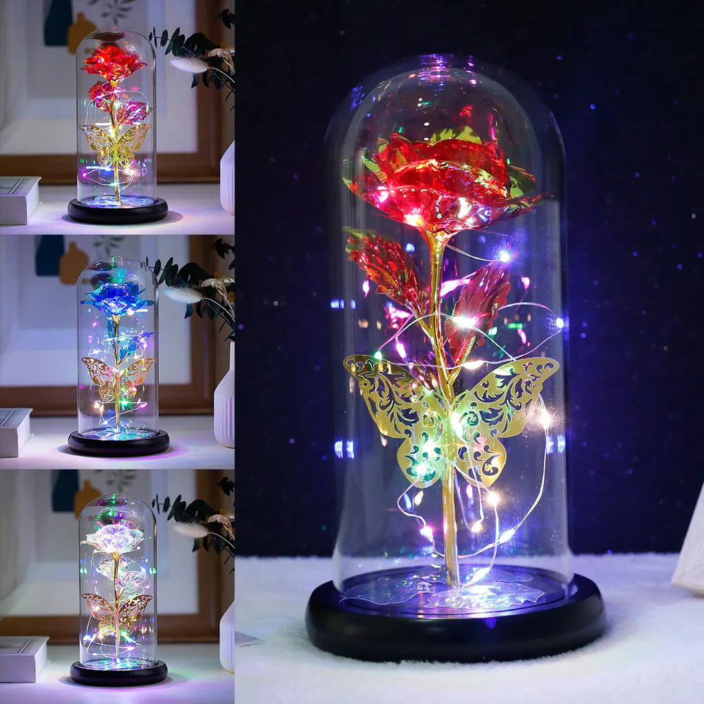Rose Light Artificial Galaxy Rose Lamp with Butterfly and Colorful LED Rose Flowers In Glass Battery Powered Gifts for Women