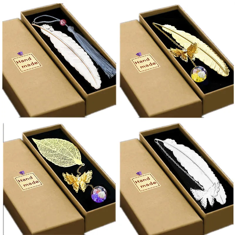 4pcs Pretty Bookmark Stationery Free Shipping 2022 School Teacher Thank You Gifts Chinese Style Brass Feather Book Marks Award