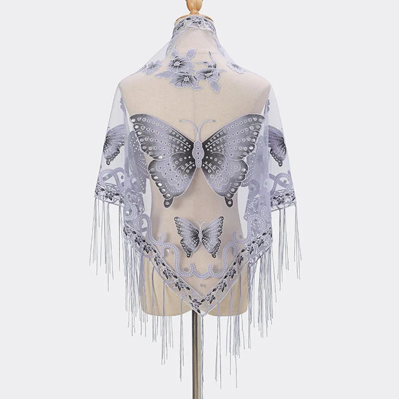 Sexy Hollow Tassel Triangular Lace Scarf Butterfly Printed Wedding Cloak Cape Women Summer Long Sun Beach Towel Sunscreen Shawl