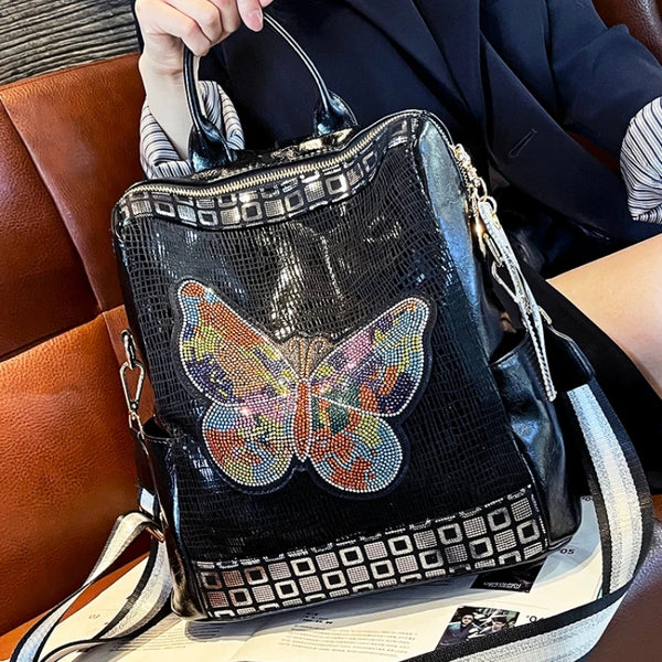 Genuine Leather Backpack Women Luxury Brand Rhinestone Butterfly Ita Bag Pack Large Capacity Mochila Travel School Bags
