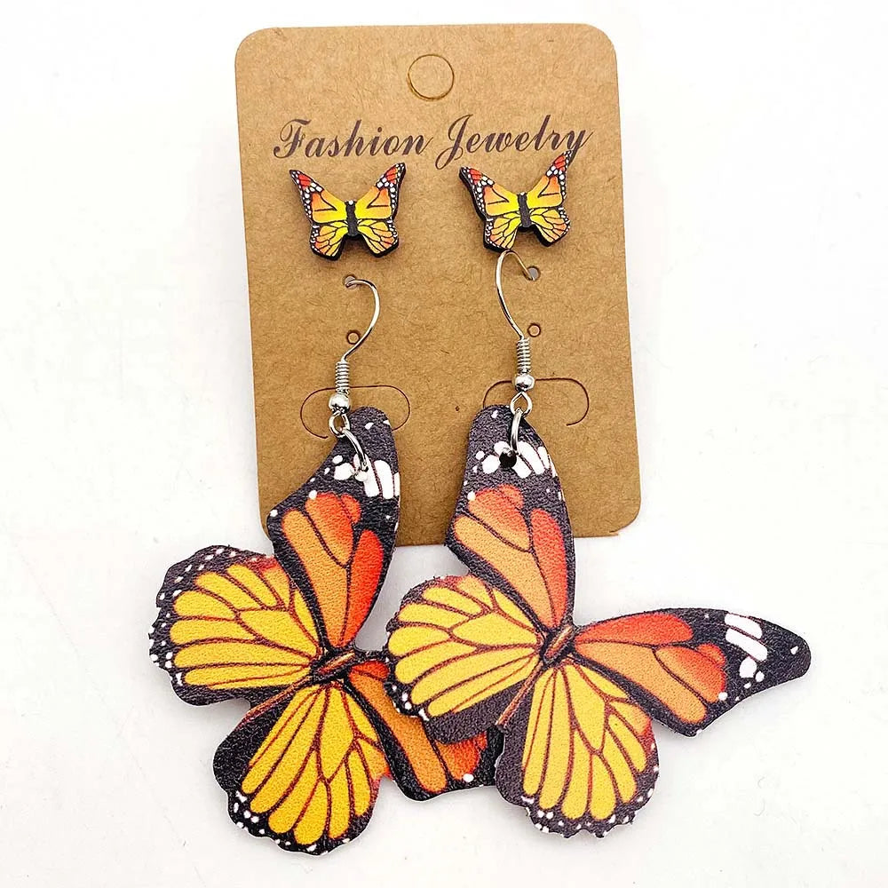 New Fashion Butterfly Leather Earrings Colorful Butterfly Printing Leather Earrings and Wooden Ear Studs Set for Women Jewelry
