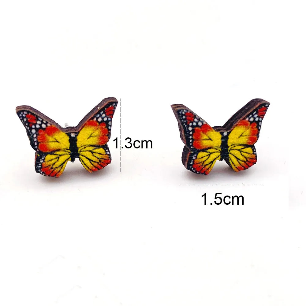 New Fashion Butterfly Leather Earrings Colorful Butterfly Printing Leather Earrings and Wooden Ear Studs Set for Women Jewelry