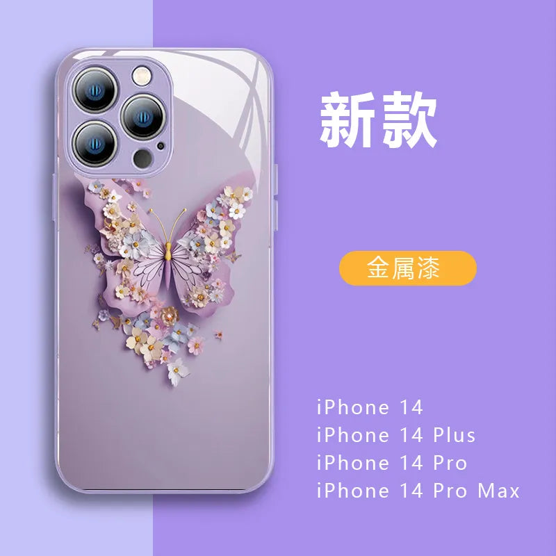 Fashion 3D Fairy Butterfly Glass Phone Case for IPhone 15 14 13 12 11 Pro XS Max X XR 7 8 Plus SE 2020 Silicone Case Back Cover