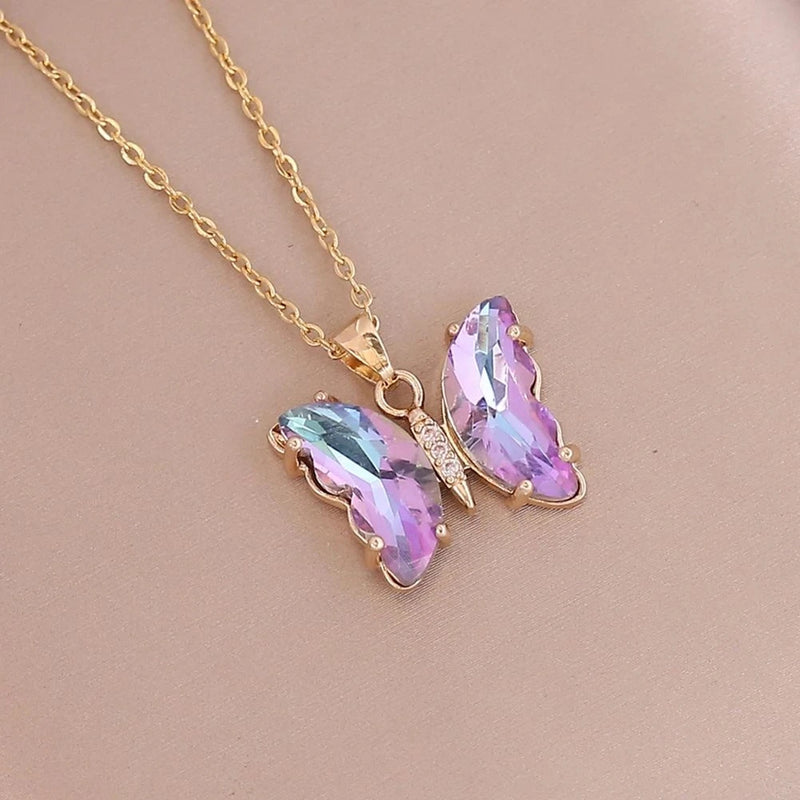 Gradient Color Butterfly Shape Necklace For Women Popular Glass Crystal Butterfly Pendant Clavicle Chain Jewelry