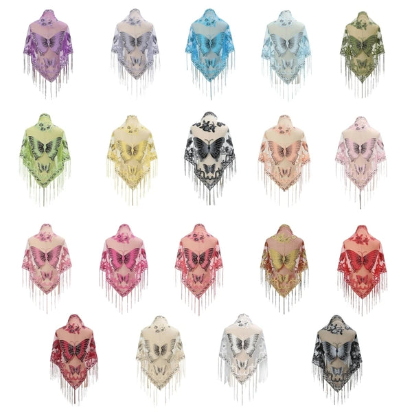 Lace Triangle Scarf Formal Shawls And Wrap For Evening Dresses Butterfly Embroidered Shawl Sheer Shawl With Fringe