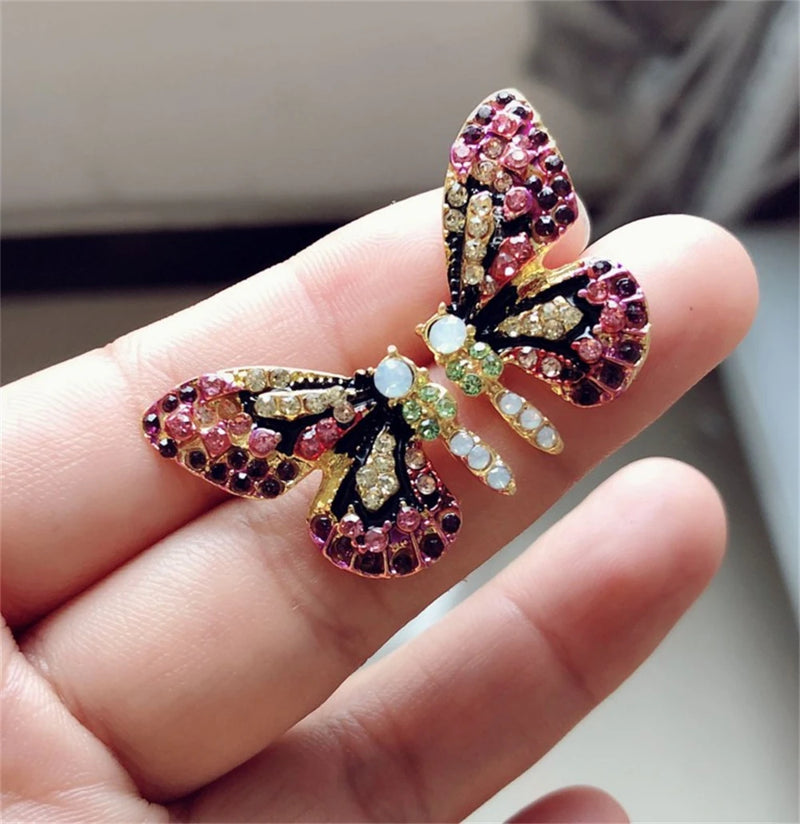 1pair Colorful Crystal Butterfly Stud Earrings Elegant Rhinestone Insect Earring For Women Girls Summer Beach Party Jewelry Gift
