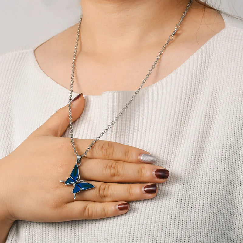 Creative Mood Necklace Change Emotion Feeling Temperature Control Butterfly Pendant Stainless Steel Chain Jewelry for Women