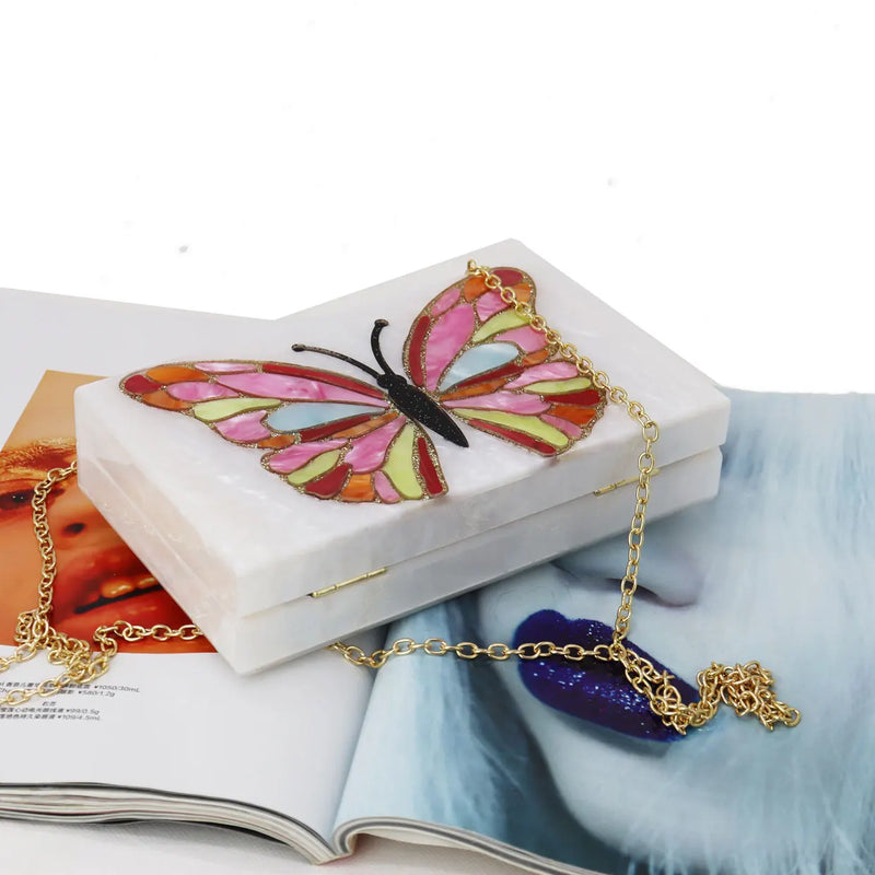 KHNMEET White Acrylic Luxury Clutch Bags for Cute Pretty Colorful Butterfly Clutch Bags for Women Party Purse Pouch