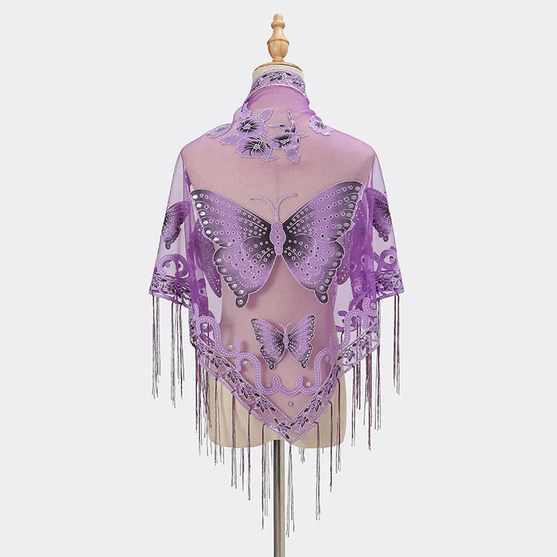 Summer Sun Scarf With Lace Butterfly Print Japanese Korean Triangle Headscarf Fashion Hollow-Out Fringe Women All Wear Shawl R98
