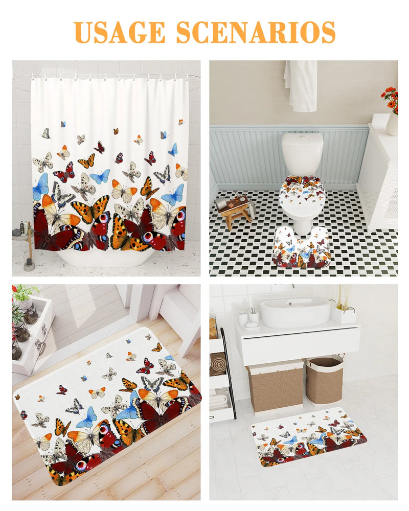 Pastoral Butterfly Gradient Shower Curtain Non-Slip Rugs Toilet Lid Cover and Bath Mat Bathroom Curtains with Hooks