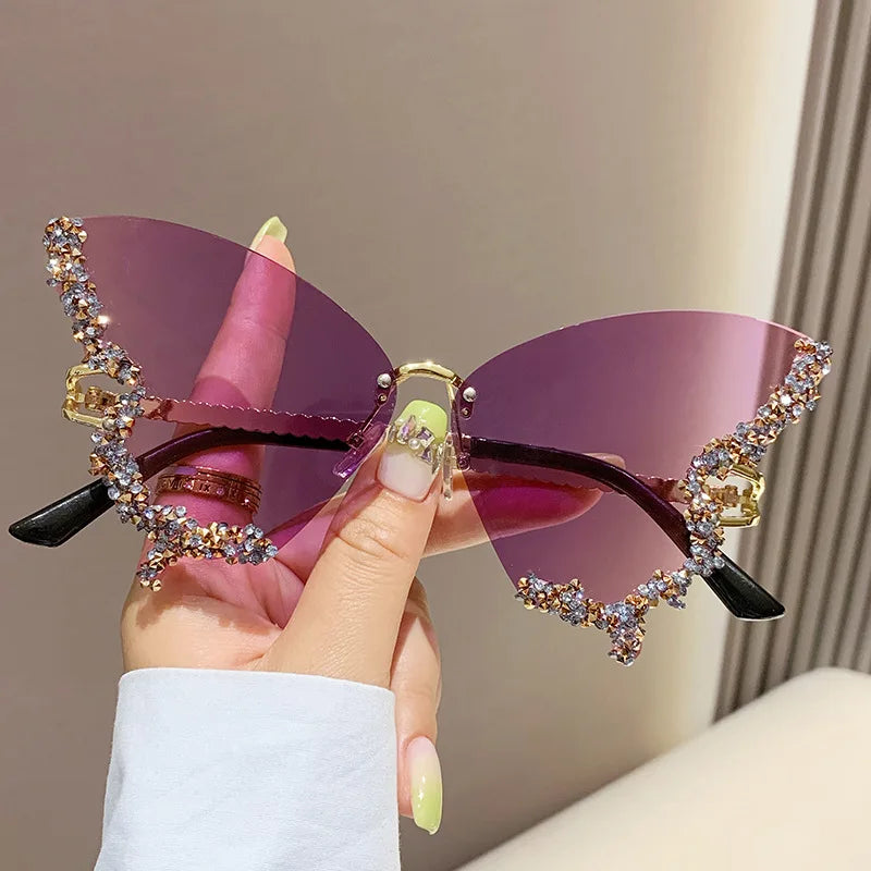 Elbru Luxury Butterfly Glitter Diamond Sunglasses Women Men Color Frameleaa Sun Eyeglasses Ladies Outdoor UV400 Shades Eyewear