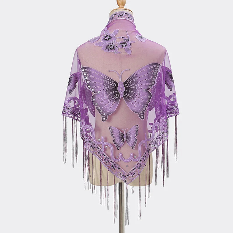 Sexy Hollow Tassel Triangular Lace Scarf Butterfly Printed Wedding Cloak Cape Women Summer Long Sun Beach Towel Sunscreen Shawl