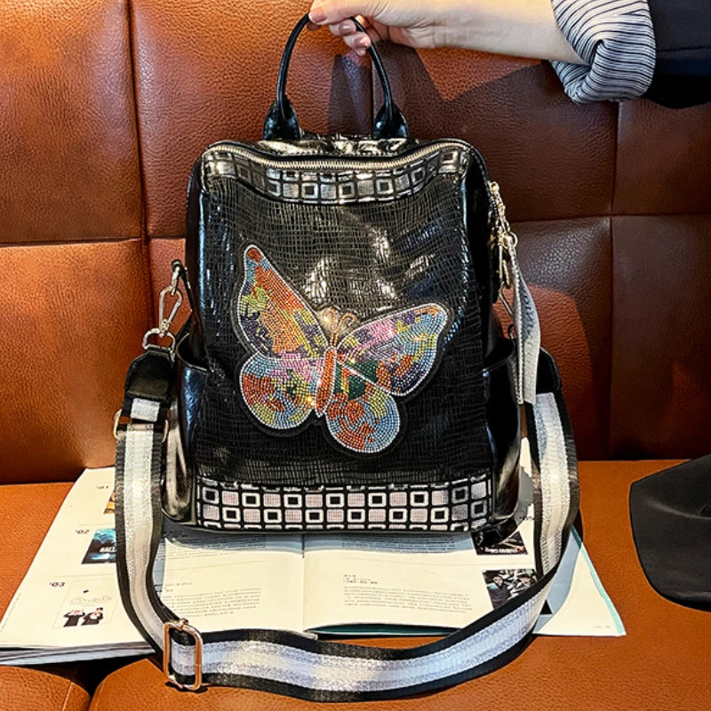 Genuine Leather Backpack Women Luxury Brand Rhinestone Butterfly Ita Bag Pack Large Capacity Mochila Travel School Bags