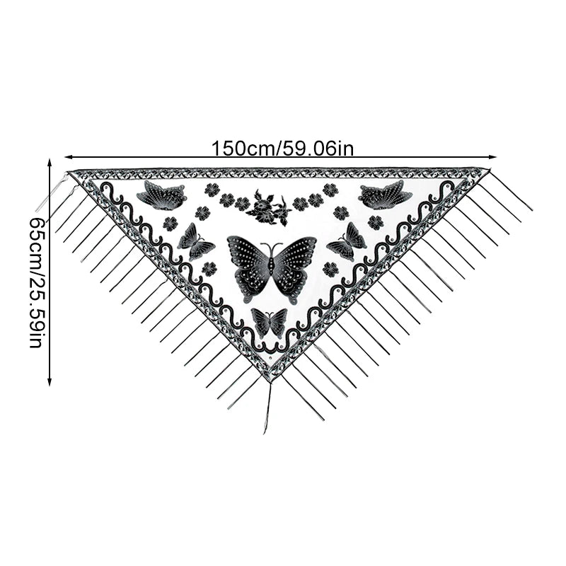 Elegant Butterfly Print Lace Tassel Shawl For Women Triangular Fashion Breathable Scarf Beach Sun Protection Cloak Accessories