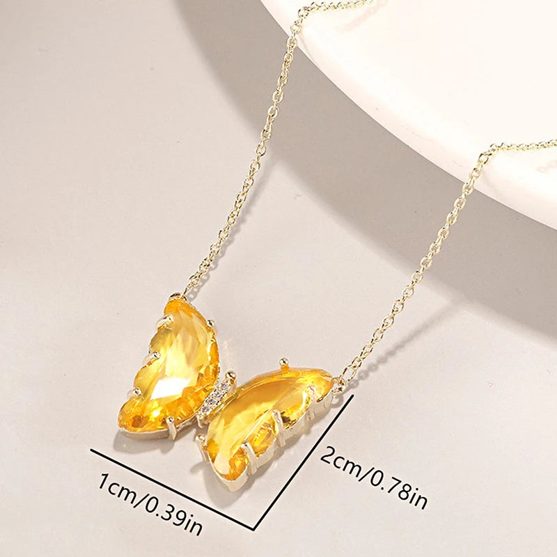 Fashion Gradient Color Butterfly Shape Necklace For Women Popular Glass Crystal Butterfly Pendant Clavicle Chain Jewelry