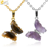 Vintage Crystal Necklace Butterfly Necklaces for Women Natural Stone Amethysts Clear Quartz Pendants Stainless Steel Chain H158