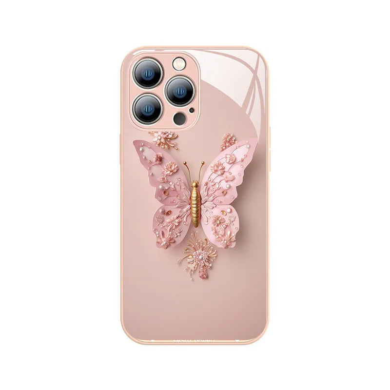 New Glass Butterfly Pattern Case for IPhone 14 Pro Max 13 Pro 15 12 11 Pro Max Fairy Butterfly Glass Phone Case