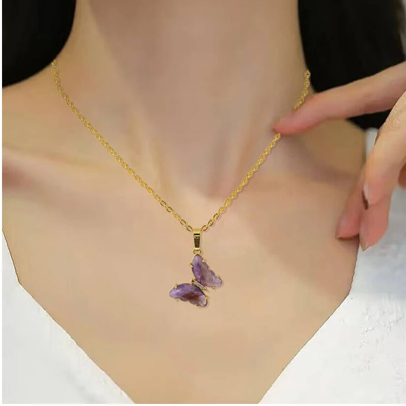Vintage Crystal Necklace Butterfly Necklaces for Women Natural Stone Amethysts Clear Quartz Pendants Stainless Steel Chain H158
