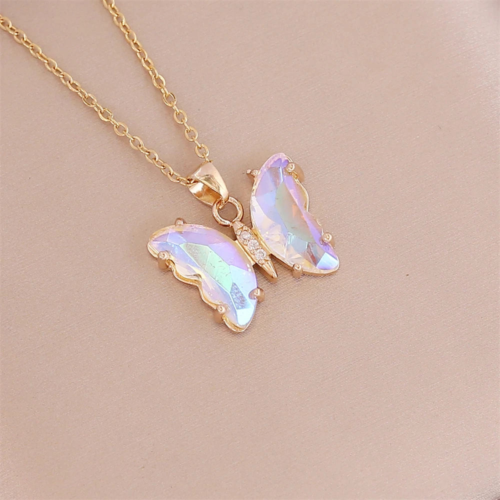 Gradient Color Butterfly Shape Necklace For Women Popular Glass Crystal Butterfly Pendant Clavicle Chain Jewelry