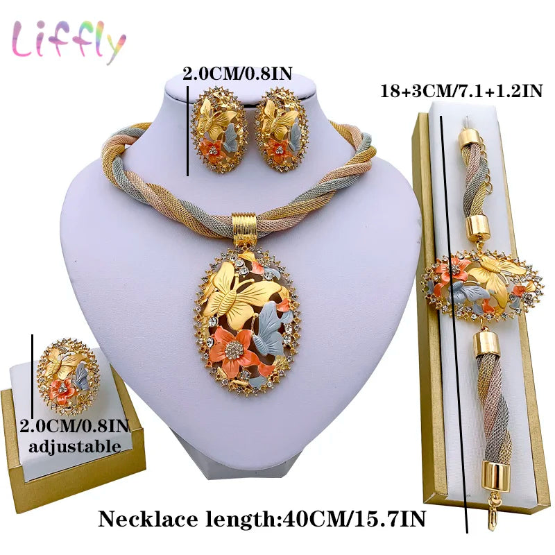 African Necklace Dubai Gold Plated Jewelry Set for Women Wedding Bridal Travel Party Bracelet Earrings Ring Pendant Accessories