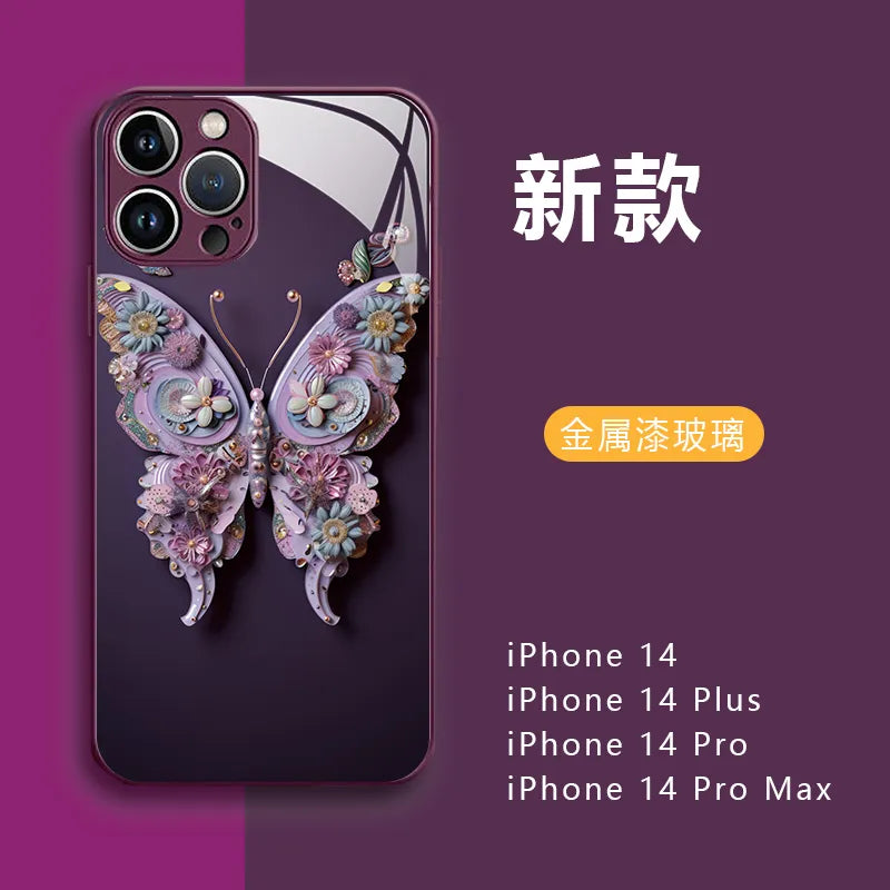 Fashion 3D Fairy Butterfly Glass Phone Case for IPhone 15 14 13 12 11 Pro XS Max X XR 7 8 Plus SE 2020 Silicone Case Back Cover