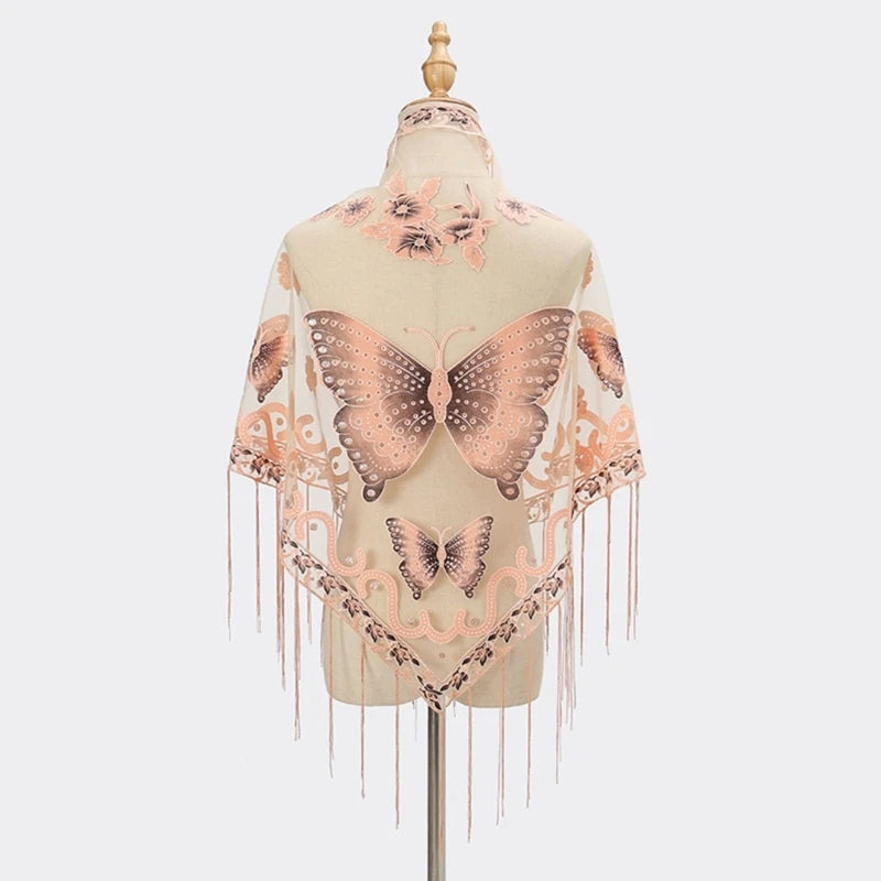 Lace Triangle Scarf Formal Shawls And Wrap For Evening Dresses Butterfly Embroidered Shawl Sheer Shawl With Fringe