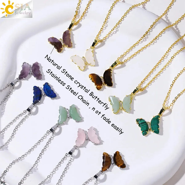 Vintage Crystal Necklace Butterfly Necklaces for Women Natural Stone Amethysts Clear Quartz Pendants Stainless Steel Chain H158